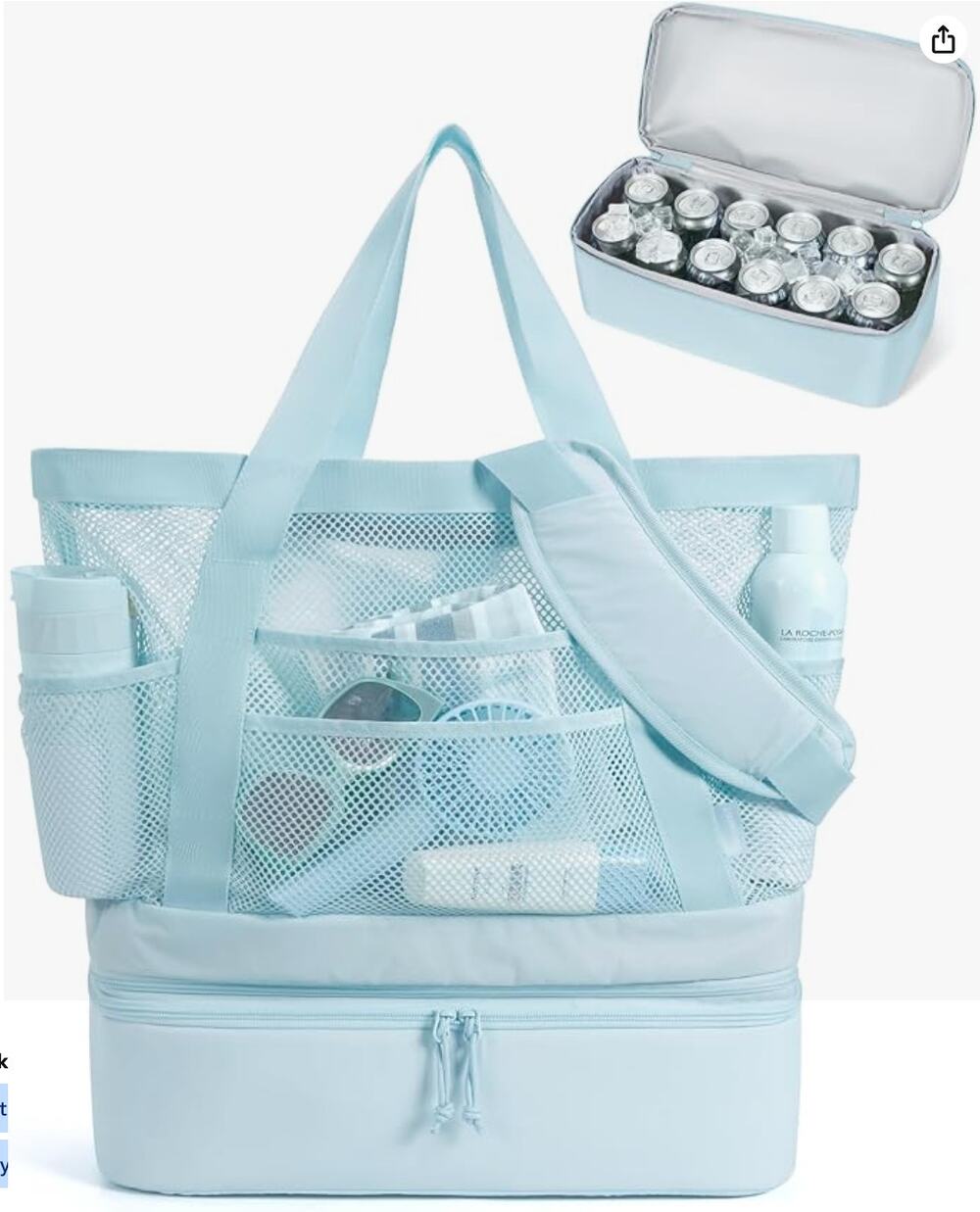 Beach Bag with Cooler, Mesh Tote Bags with Zipper, Swim Cruise Pool- Blue